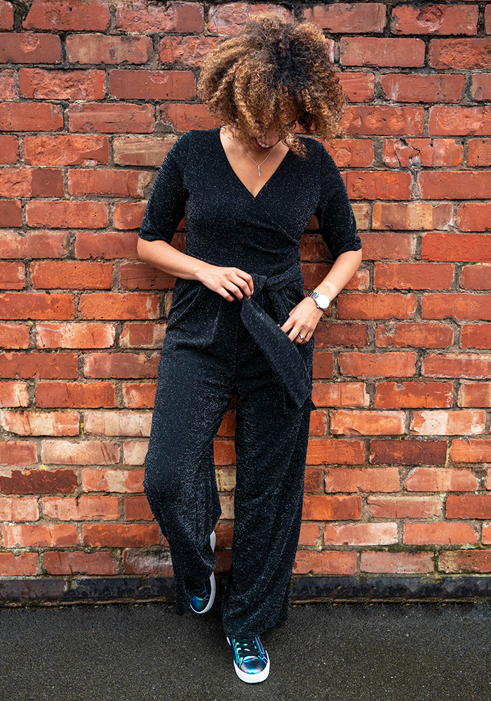 Elviana Black/Silver Glitter Full Length Jumpsuit