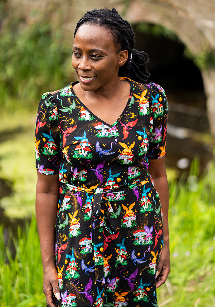 Thirteenth angle of Elysia Dragons &amp; Mushroom Print Cotton Midi Dress