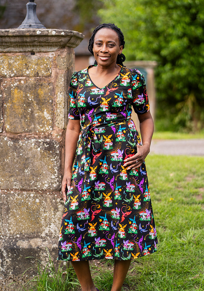 Front view of Elysia Dragons &amp; Mushroom Print Cotton Midi Dress