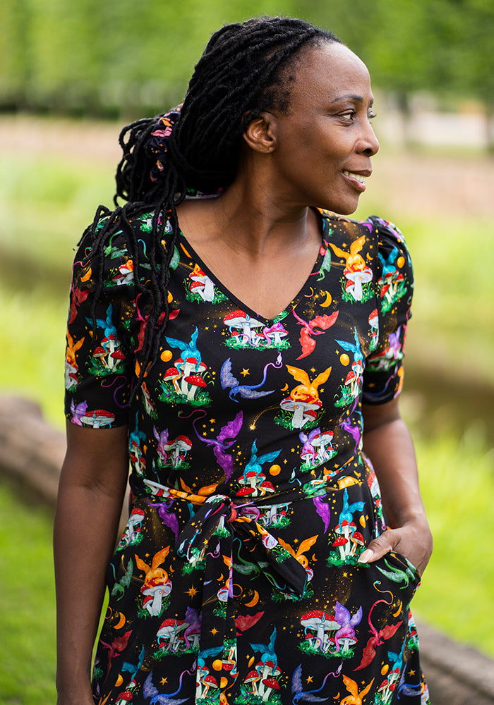 Sixth angle of Elysia Dragons &amp; Mushroom Print Cotton Midi Dress