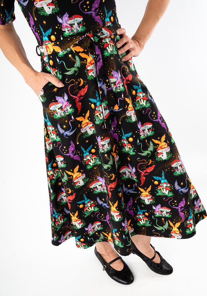 Ninth angle of Elysia Dragons &amp; Mushroom Print Cotton Midi Dress