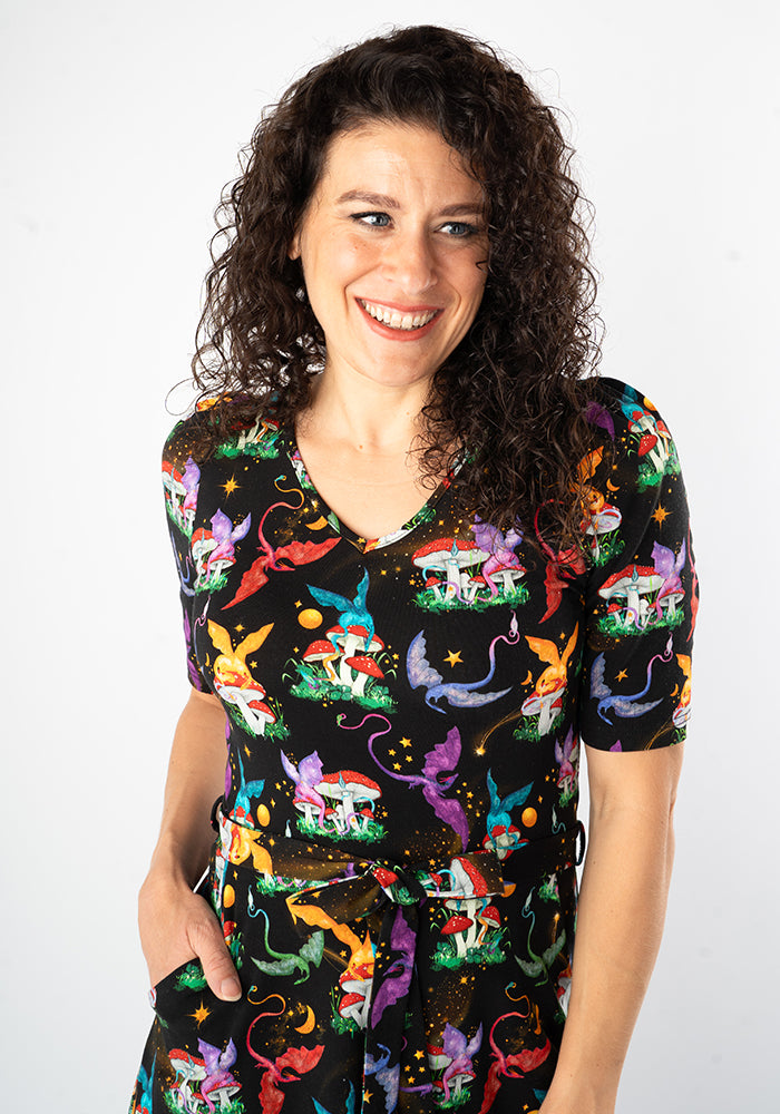 Tenth angle of Elysia Dragons &amp; Mushroom Print Cotton Midi Dress