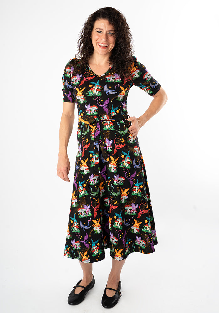 Third angle of Elysia Dragons &amp; Mushroom Print Cotton Midi Dress