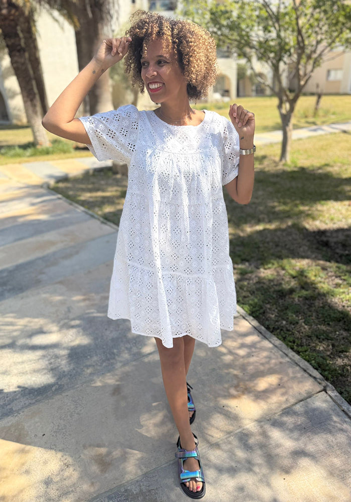 Sixth angle of Emblyn White Broderie Anglaise Cotton Tiered Dress