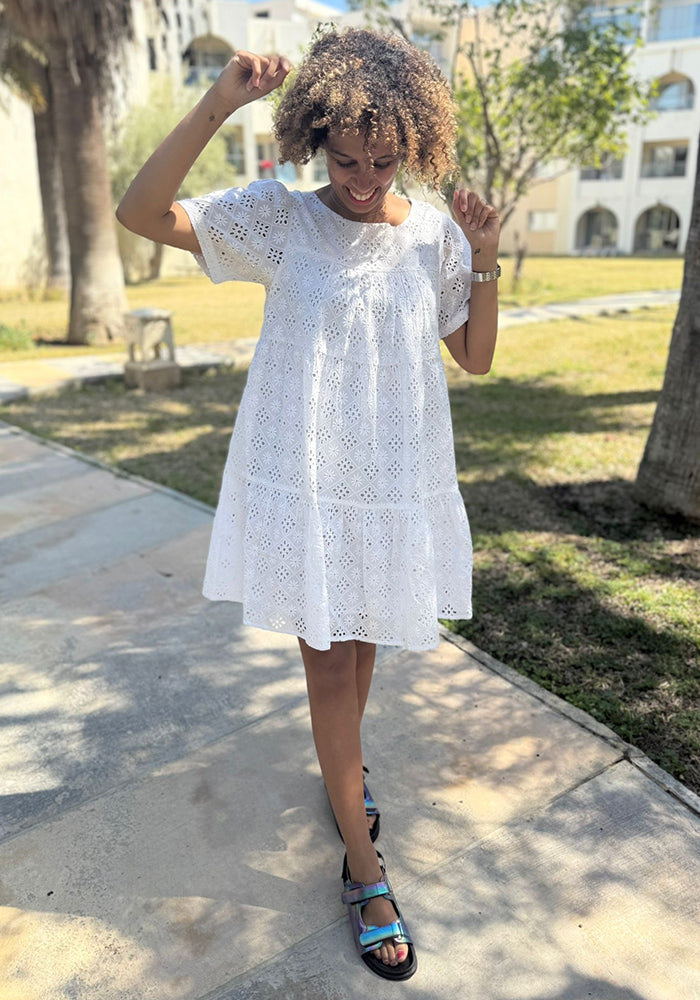 Fifth angle of Emblyn White Broderie Anglaise Cotton Tiered Dress