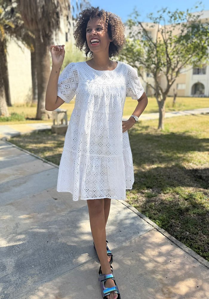 Fourth angle of Emblyn White Broderie Anglaise Cotton Tiered Dress