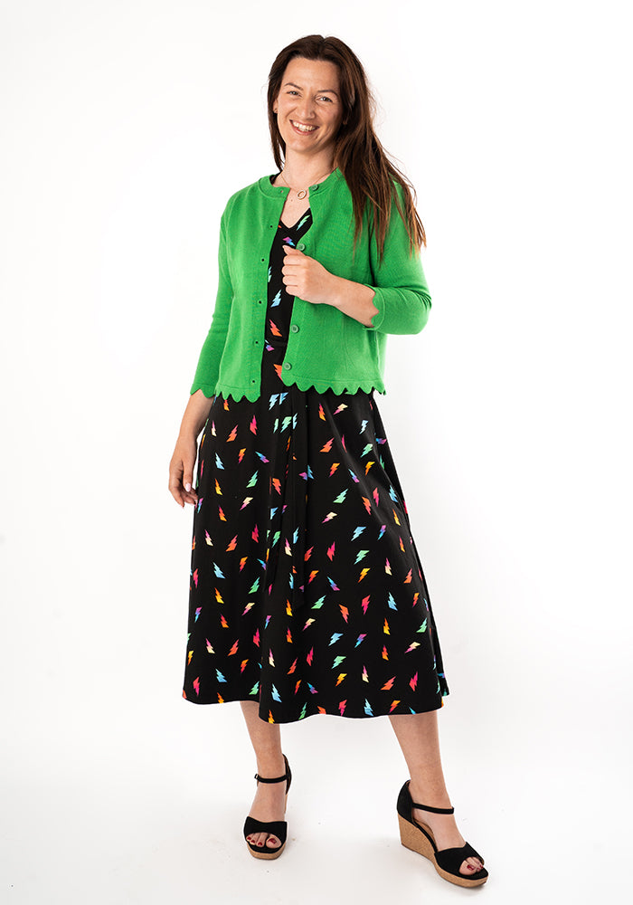 Front view of Emerald Green Fine Knit Scallop Cardigan