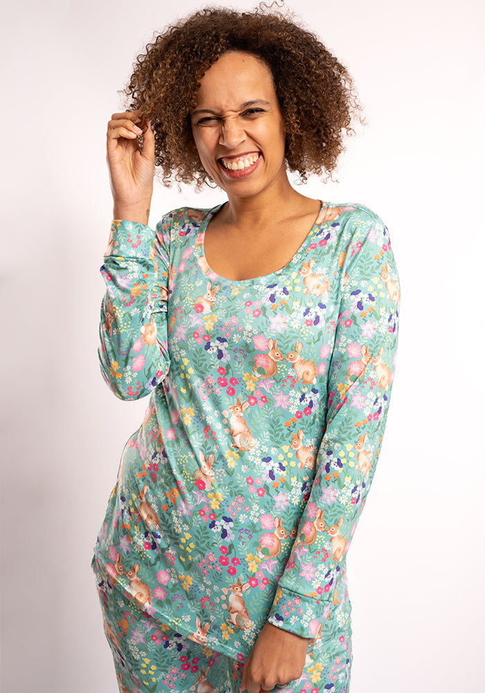 Third angle of Emerie Rabbit Garden Print Pyjama Set