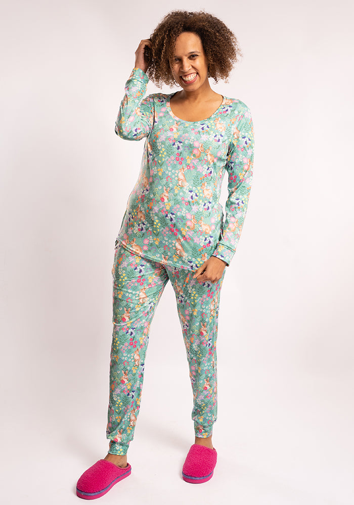 Front view of Emerie Rabbit Garden Print Pyjama Set