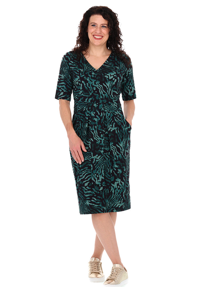 Emi Black &amp; Green Animal Print Cotton Dress