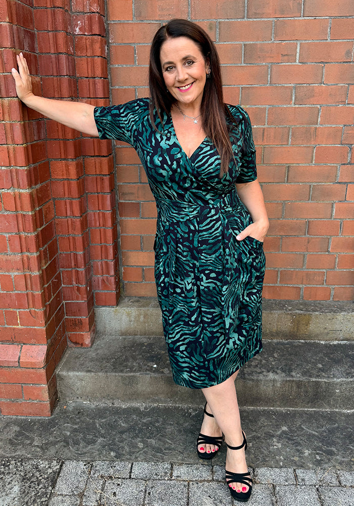 Emi Black &amp; Green Animal Print Cotton Dress