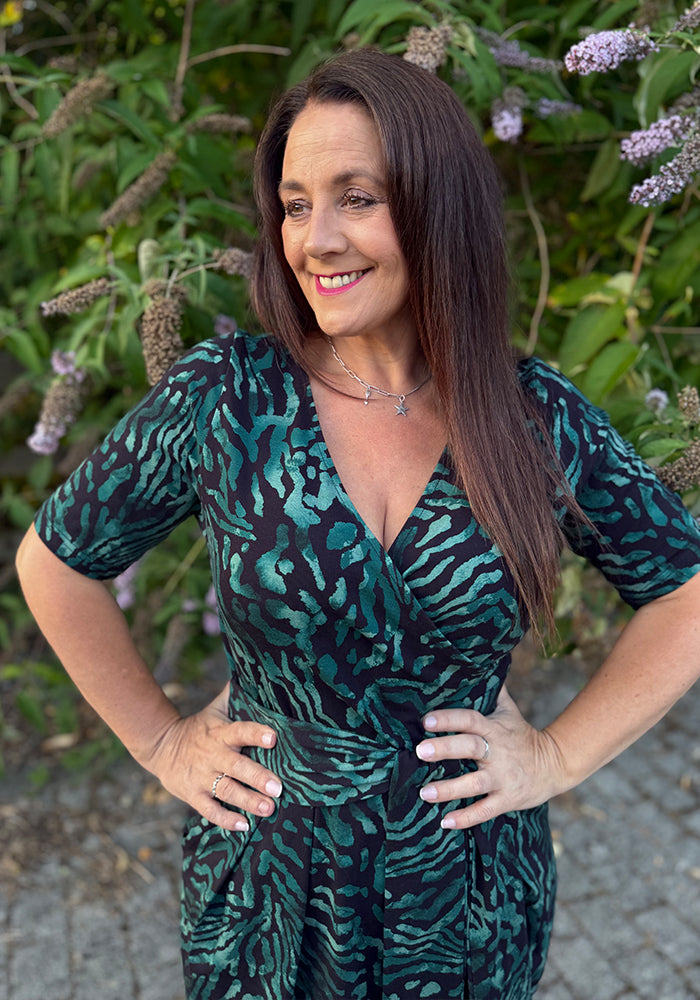 Emi Black &amp; Green Animal Print Cotton Dress
