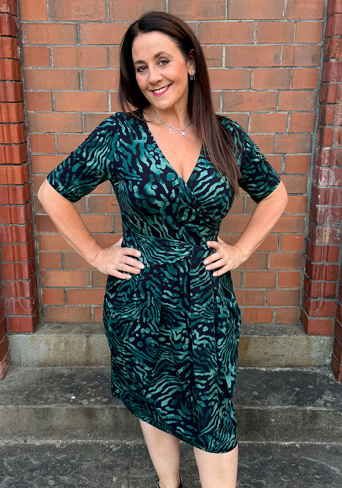 Emi Black &amp; Green Animal Print Cotton Dress