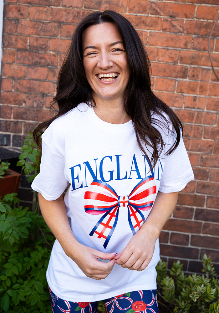 Second angle of White England Graphic T-Shirt, a crisp white t-shirt on cotton fabric with an England inspired graphic.