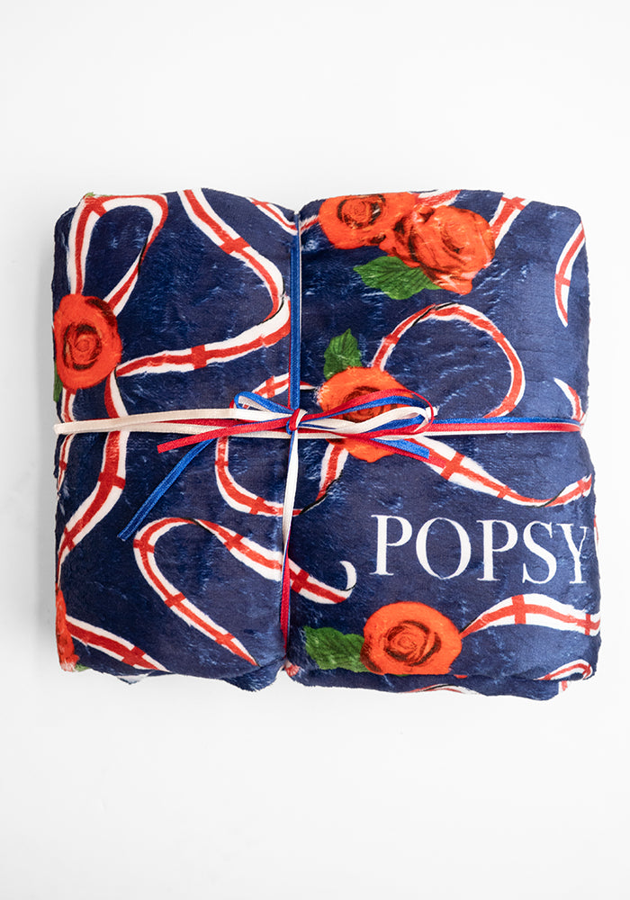 Front view of England Navy Print Plush Throw Blanket (Pop-Under)