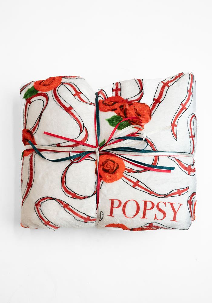 Front view of England White Print Plush Throw Blanket (Pop-Under)