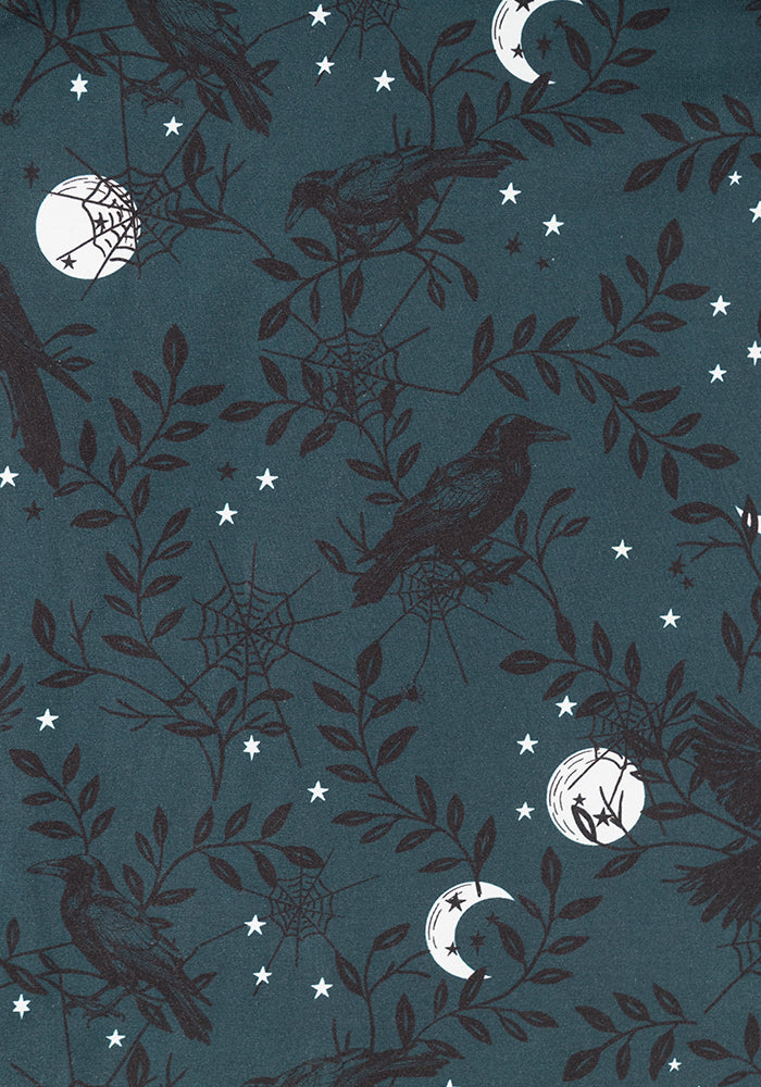Enid Teal Raven Print Midi Cotton Dress