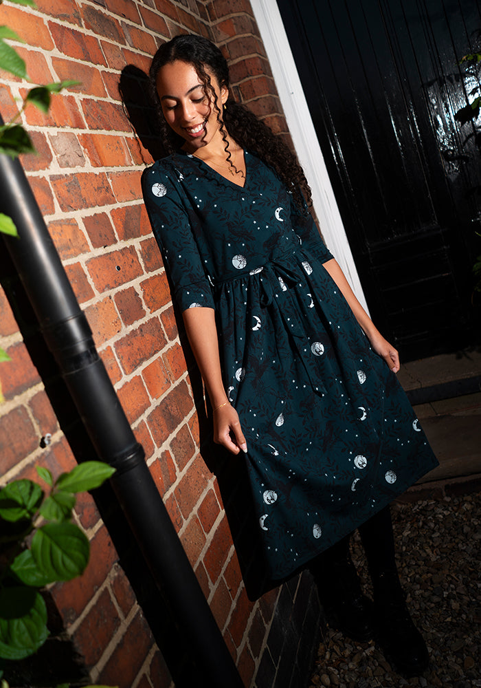 Enid Teal Raven Print Midi Cotton Dress