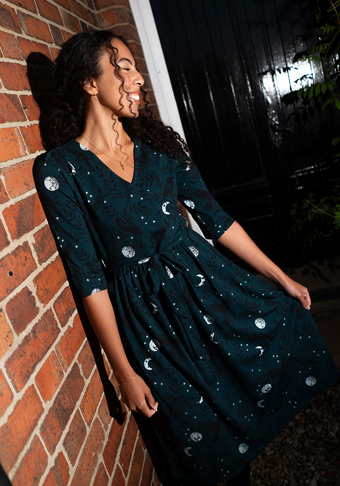 Enid Teal Raven Print Midi Cotton Dress