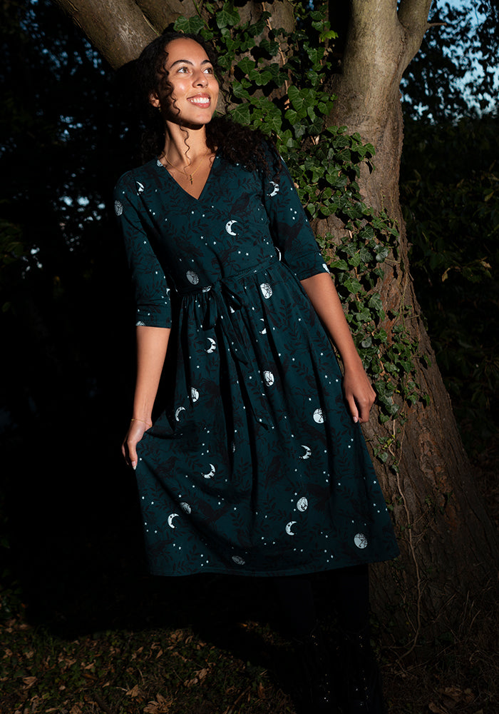 Enid Teal Raven Print Midi Cotton Dress