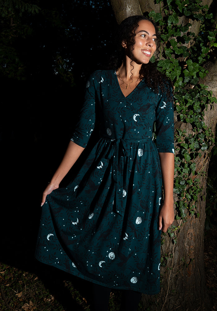 Enid Teal Raven Print Midi Cotton Dress