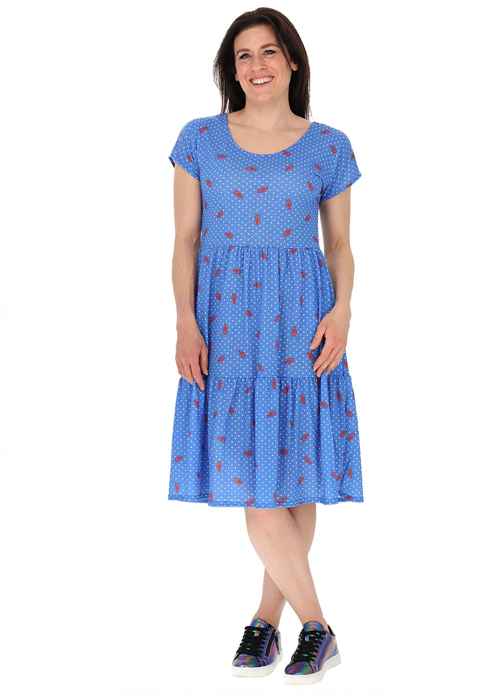 Fourth angle of Ennis Polka Dot Lobster Print Dress, a fun blue and red dress with polka dot and lobster pattern.