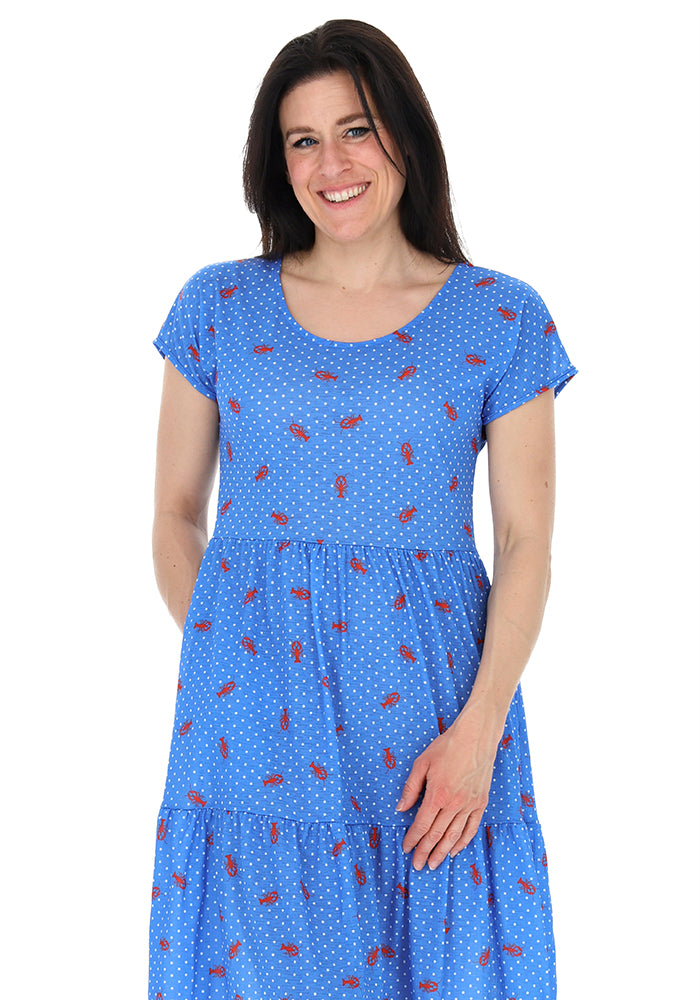 Second angle of Ennis Polka Dot Lobster Print Dress, a fun blue and red dress with polka dot and lobster pattern.