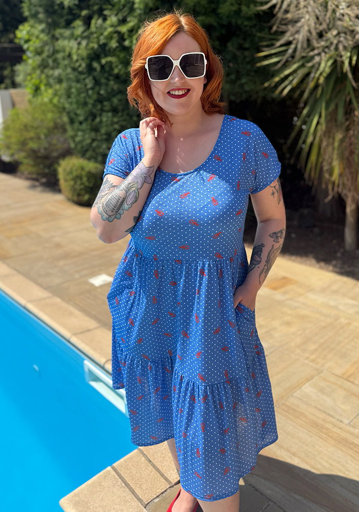 Third angle of Ennis Polka Dot Lobster Print Dress, a fun blue and red dress with polka dot and lobster pattern.