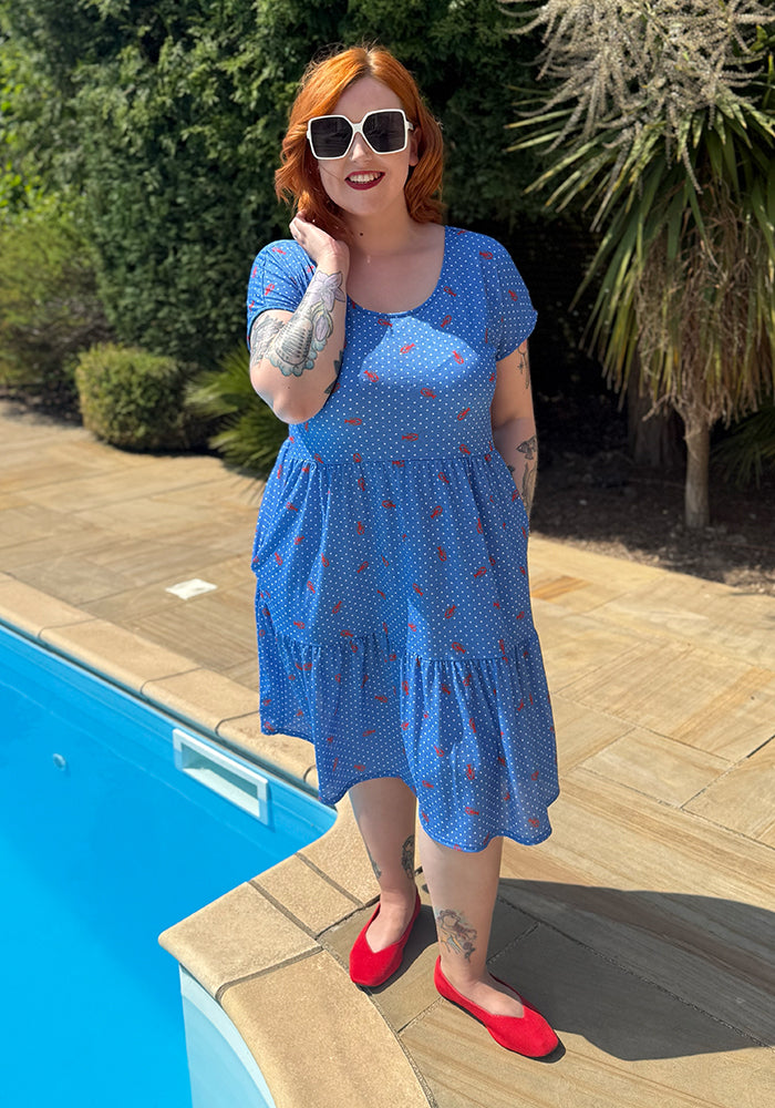 Front view of Ennis Polka Dot Lobster Print Dress, a fun blue and red dress with polka dot and lobster pattern.