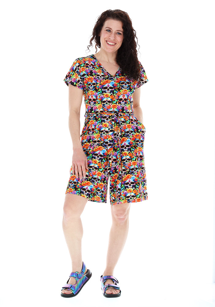 Fourth angle of Enza Rainbow Floral Skull Print Cotton Playsuit