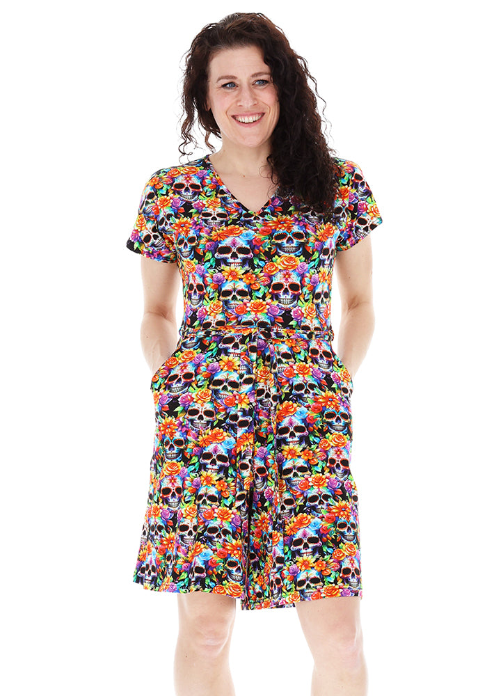 Third angle of Enza Rainbow Floral Skull Print Cotton Playsuit