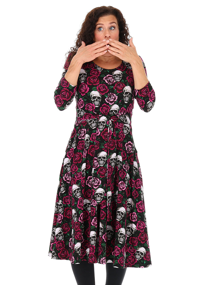 Esmeralda Gothic Skulls &amp; Roses Print Vintage Swing Dress