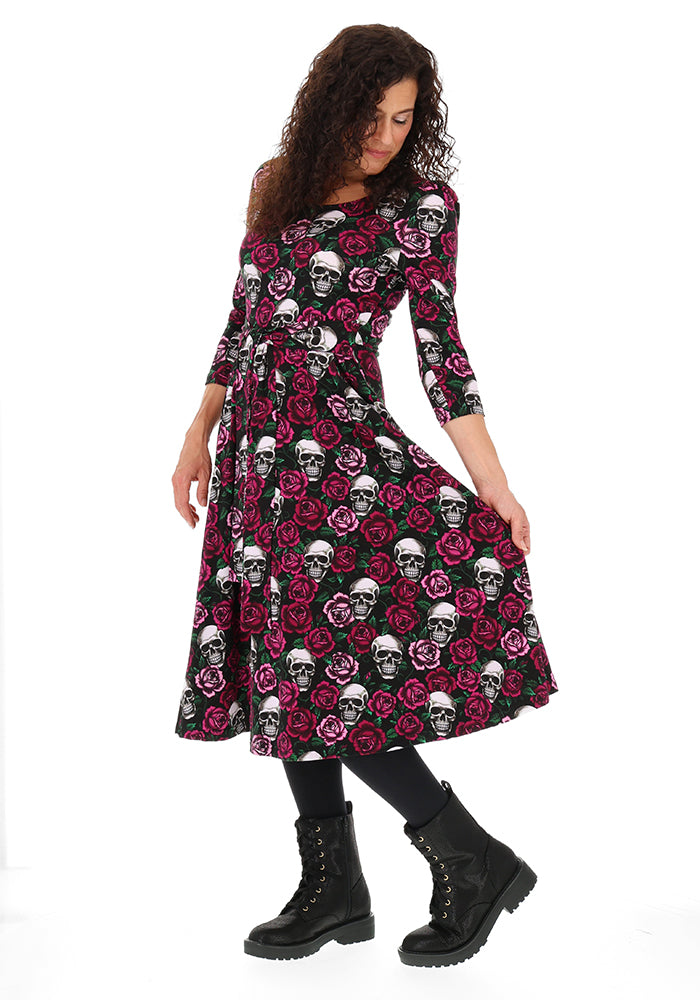 Esmeralda Gothic Skulls &amp; Roses Print Vintage Swing Dress