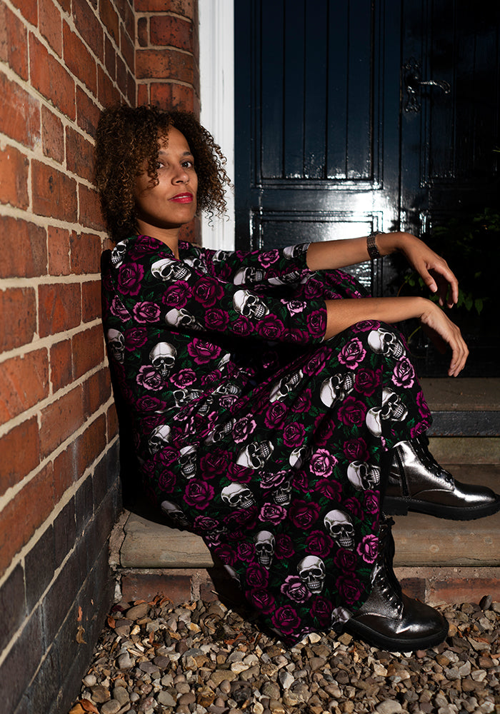Esmeralda Gothic Skulls &amp; Roses Print Vintage Swing Dress