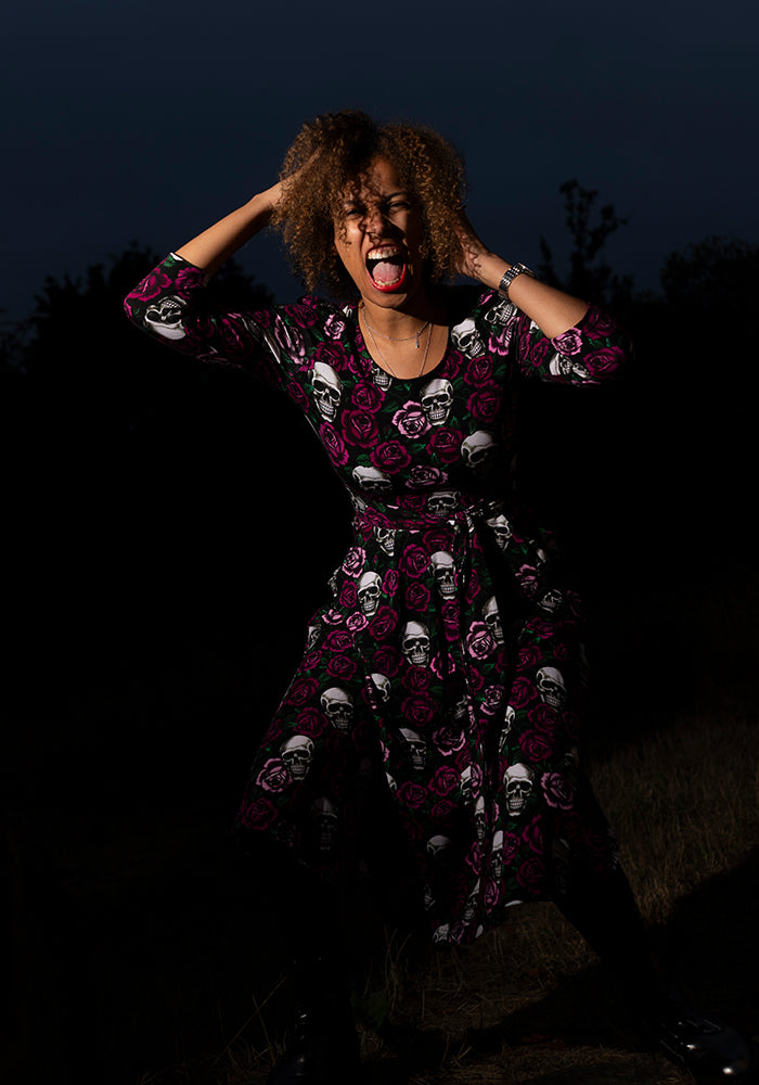 Esmeralda Gothic Skulls &amp; Roses Print Vintage Swing Dress