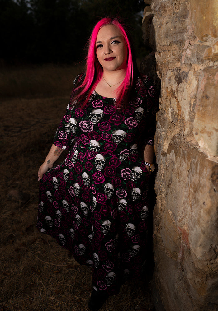 Esmeralda Gothic Skulls &amp; Roses Print Vintage Swing Dress