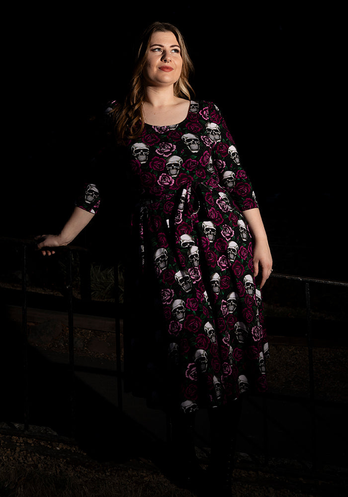 Esmeralda Gothic Skulls &amp; Roses Print Vintage Swing Dress
