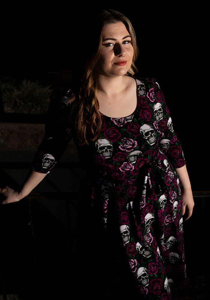 Esmeralda Gothic Skulls &amp; Roses Print Vintage Swing Dress
