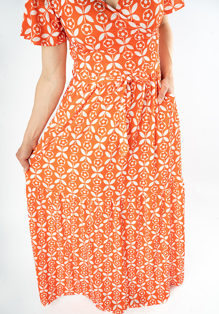 Sixth angle of Esti Retro Flower Print Tiered Hem Maxi Dress