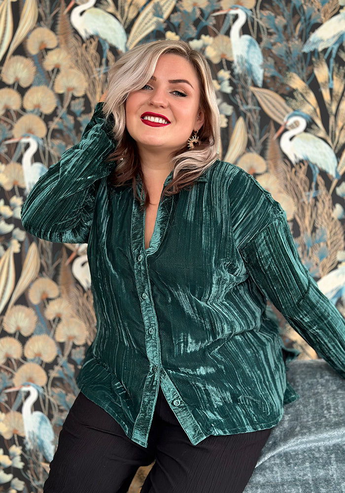 Ninth angle of Etty Teal Velvet Plisse Shirt