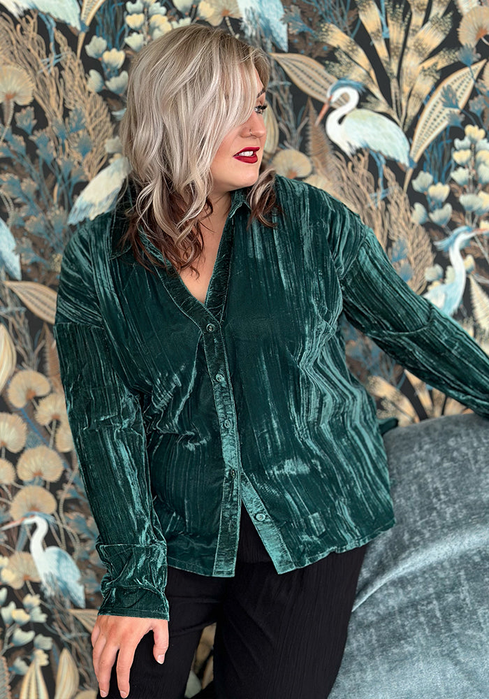 Third angle of Etty Teal Velvet Plisse Shirt