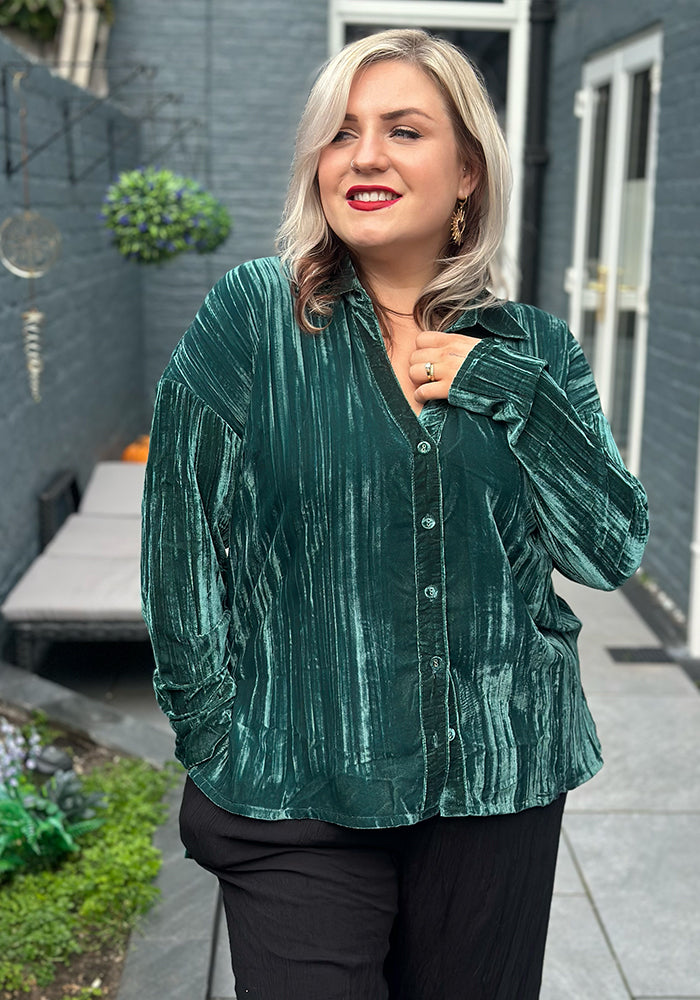 Fifth angle of Etty Teal Velvet Plisse Shirt