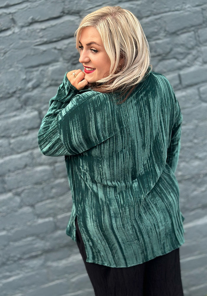 Seventh angle of Etty Teal Velvet Plisse Shirt