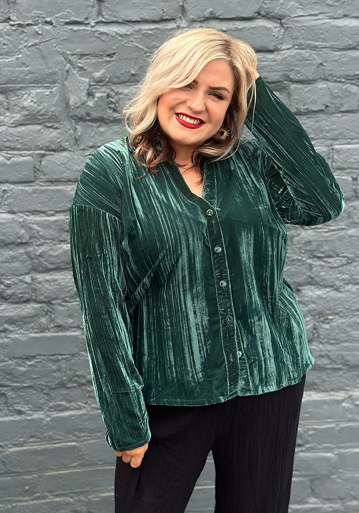 Eighth angle of Etty Teal Velvet Plisse Shirt