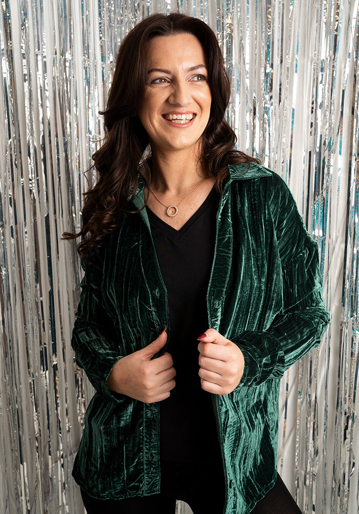 Front view of Etty Teal Velvet Plisse Shirt