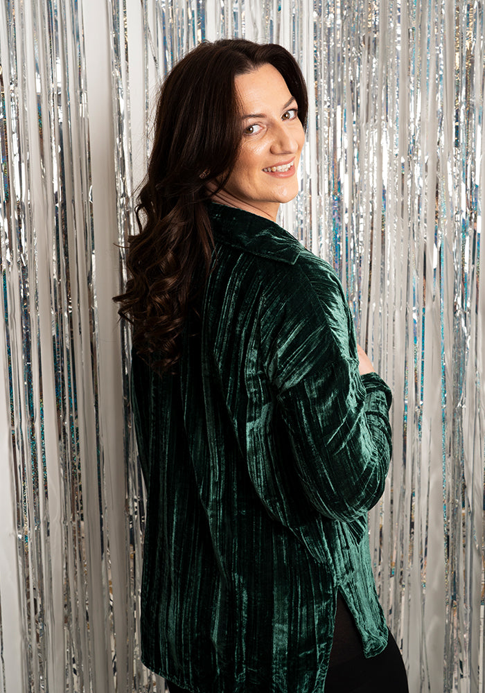 Sixth angle of Etty Teal Velvet Plisse Shirt