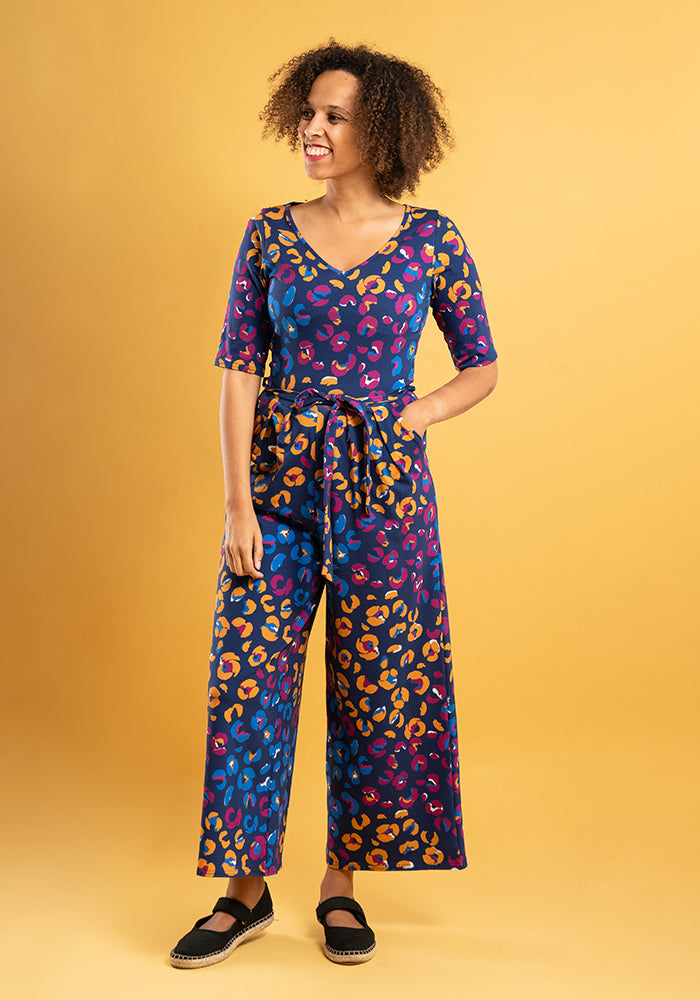 Ninth angle of Eva Animal Patchwork Print Cotton Culotte Leg Jumpsuit