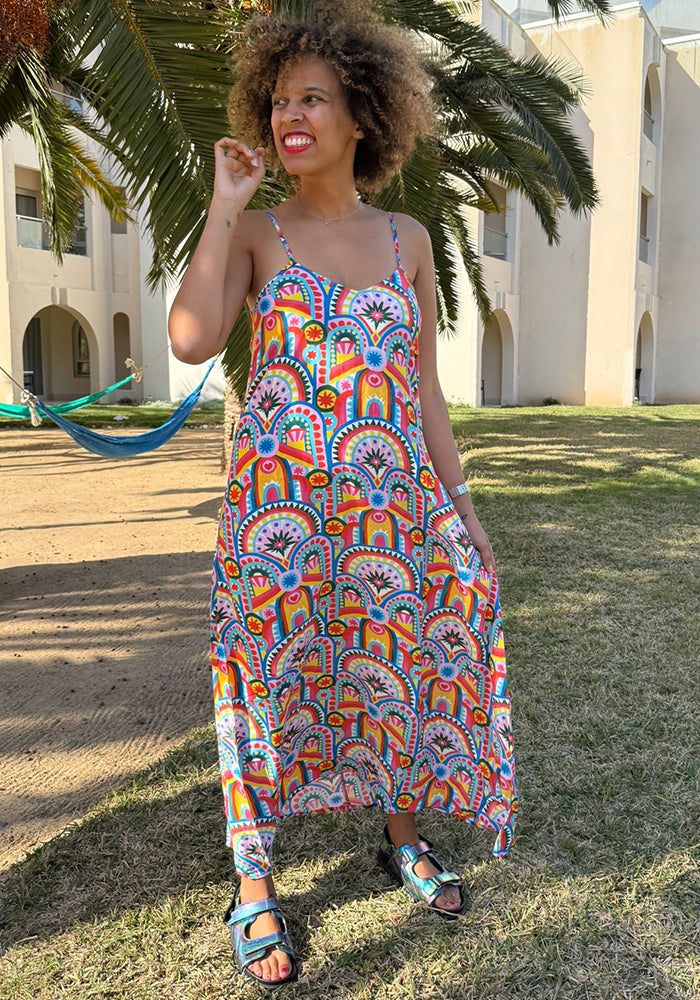 Fifth angle of Evaline Hand Painted Deco Print Ankle Length Woven Viscose Crepe Dress