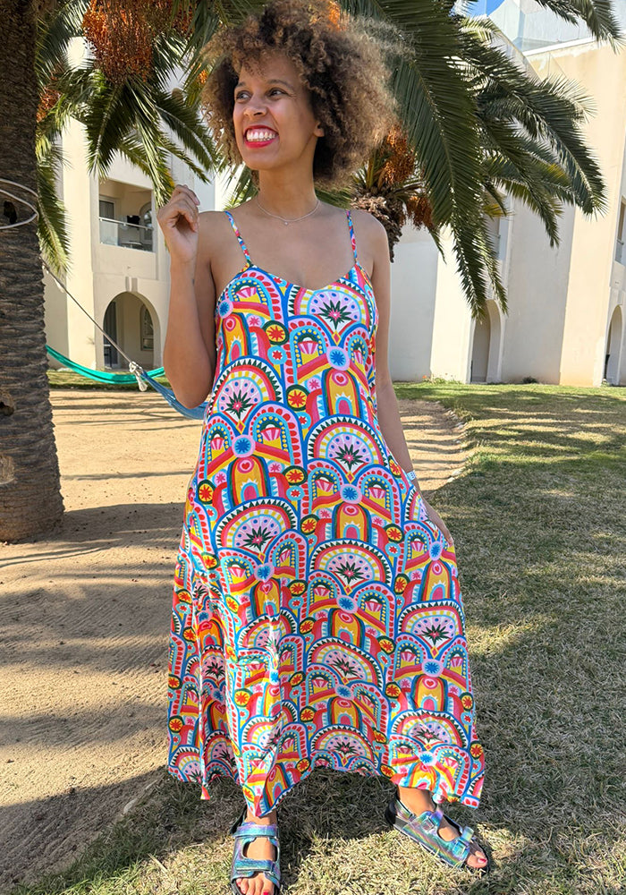 Front view of Evaline Hand Painted Deco Print Ankle Length Woven Viscose Crepe Dress
