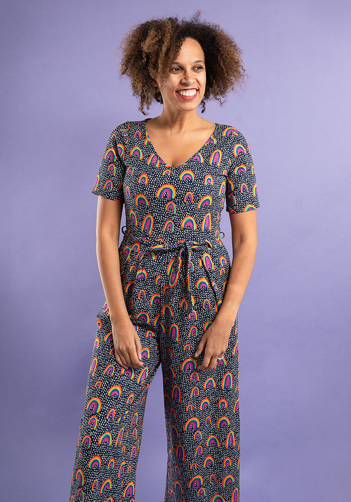 Evander Navy Rainbow Print Cotton Jumpsuit